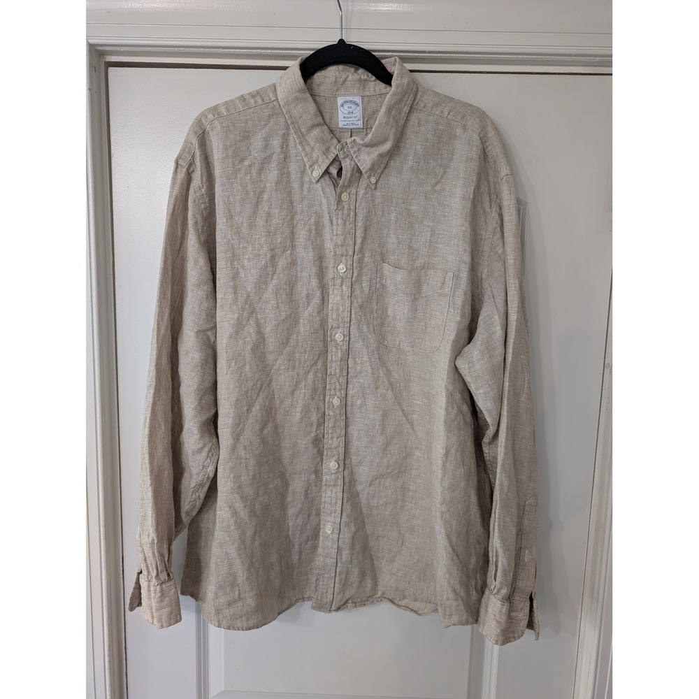 Brooks Brothers Regent Fit 100% Linen Button Down Shirt Beige XXL Long Sleeve